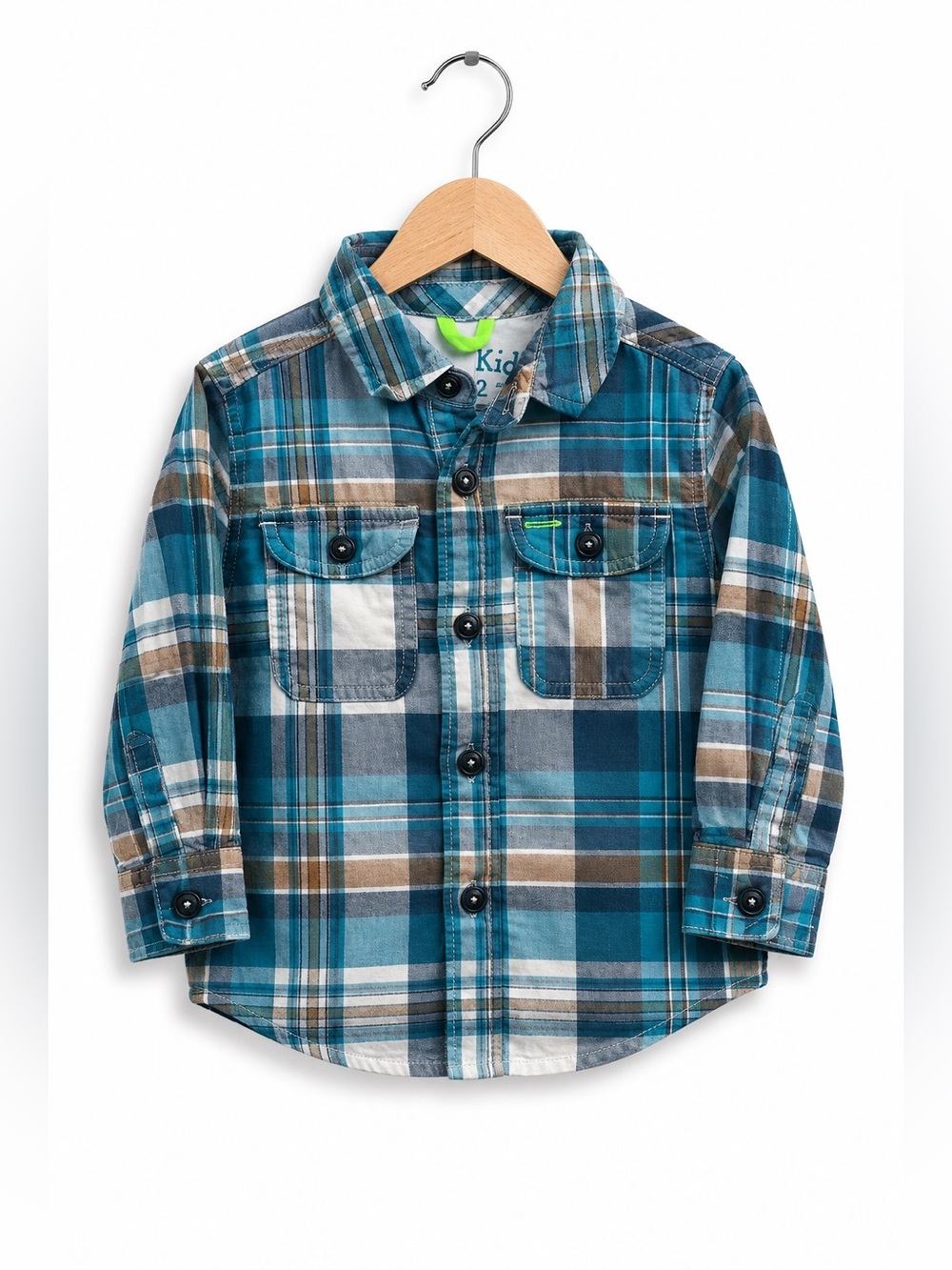 Genuine Kids Boys Shirt Size 18 Months Blue Brown Plaid Button Up Pockets